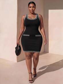 Zivah Plus Size Women Square Neck Sleeveless Fitted Casual Elegant Dress Brunch Going Out Black Summer - Black and White - View 2