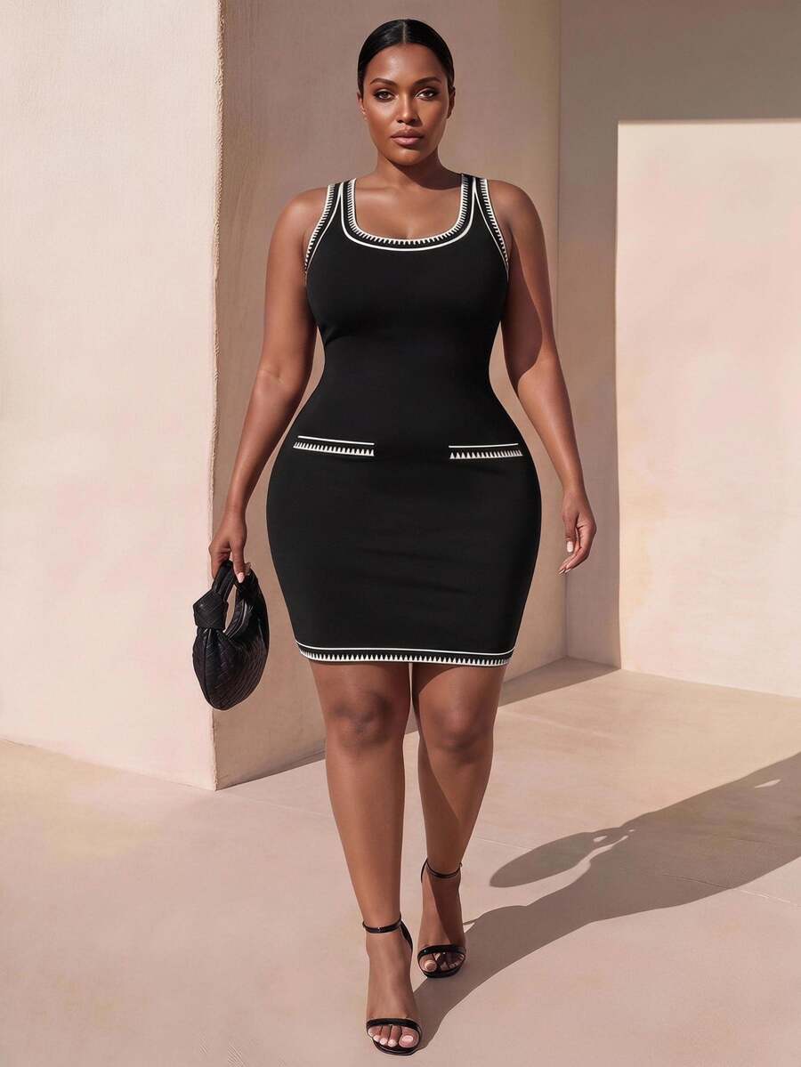 Zivah Plus Size Women Square Neck Sleeveless Fitted Casual Elegant Dress Brunch Going Out Black Summer