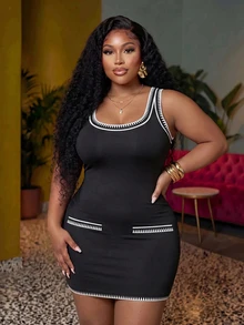 Zivah Plus Size Women Square Neck Sleeveless Fitted Casual Elegant Dress Brunch Going Out Black Summer - Black and White - View 8