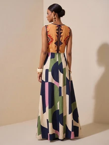 Zivah New Summer Boho Vacation Loose-Fitting Orange Geometric Retro Print Round Neck Sleeveless A-Line Women Long Dres, Suitable For Everyday Wear, Travel - Multicolor - View 2