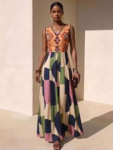 Zivah New Summer Boho Vacation Loose-Fitting Orange Geometric Retro Print Round Neck Sleeveless A-Line Women Long Dres, Suitable For Everyday Wear, Travel - Multicolor - View 1
