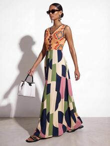 Zivah New Summer Boho Vacation Loose-Fitting Orange Geometric Retro Print Round Neck Sleeveless A-Line Women Long Dres, Suitable For Everyday Wear, Travel - Multicolor - View 7