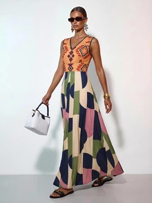Zivah New Summer Boho Vacation Loose-Fitting Orange Geometric Retro Print Round Neck Sleeveless A-Line Women Long Dres, Suitable For Everyday Wear, Travel - Multicolor - View 9