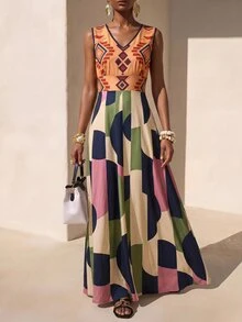 Zivah New Summer Boho Vacation Loose-Fitting Orange Geometric Retro Print Round Neck Sleeveless A-Line Women Long Dres, Suitable For Everyday Wear, Travel - Multicolor - View 3