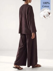 Zivah 女款深棕色亞麻套裝，優雅極簡端莊秋季茶會度假風鈕扣式和服襯衫與寬腿長褲，100%棉 - 棕色 - 查看 2