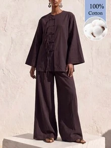 Zivah 女款深棕色亞麻套裝，優雅極簡端莊秋季茶會度假風鈕扣式和服襯衫與寬腿長褲，100%棉 - 棕色 - 查看 5