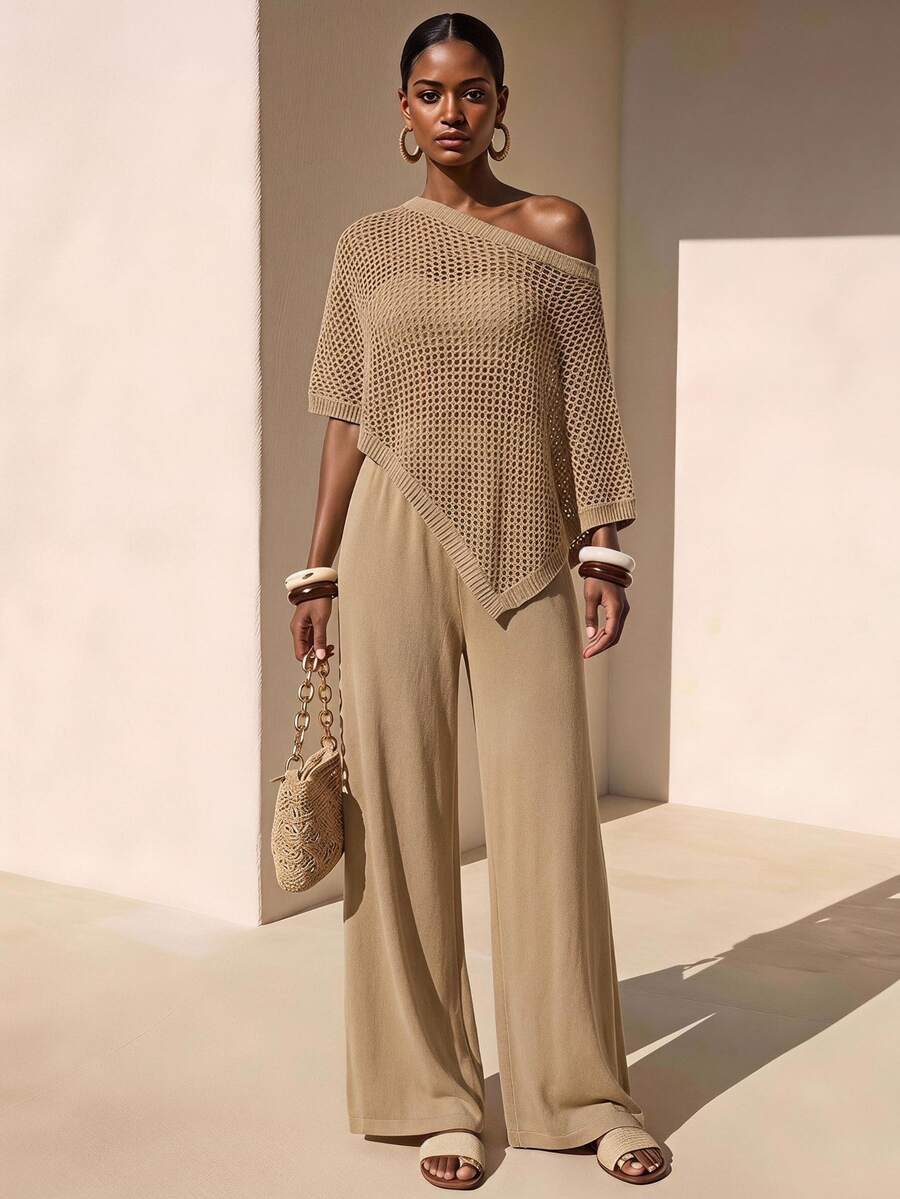 Zivah New Summer/Autumn Casual Commute Vacation Beige Hollow Knit Top Pants Set Beach Vacation