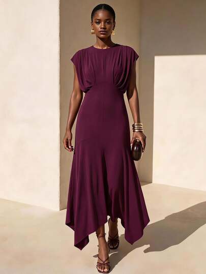Zivah Novo Vestido Longo Elegante de Verão/Outono com Ajuste Slim, Bainha Assimétrica em Formato de Cauda de Peixe, Cor Roxo-Vermelho, Adequado para Uso Diário, Convidada de Casamento, Baile, Aniversário, Passeio, Férias, Praia, Festa, Feriado, Look de Aeroporto, Look de Brunch, Boêmio, Compras, Trabalho Feminino, Formatura, Show de Música Country, Volta às Aulas