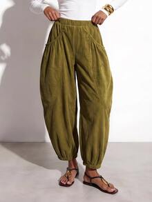 Zivah Women's Vacation Pocket Pleated Loose Cuffed Long Pants For Commuting And Travel - Army Green - View 4