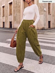 Zivah Women's Vacation Pocket Pleated Loose Cuffed Long Pants For Commuting And Travel - Army Green - View 6