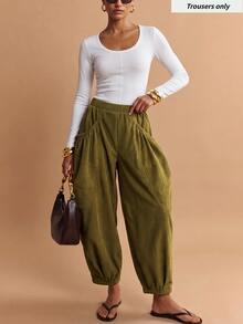Zivah Women's Vacation Pocket Pleated Loose Cuffed Long Pants For Commuting And Travel - Army Green - View 5