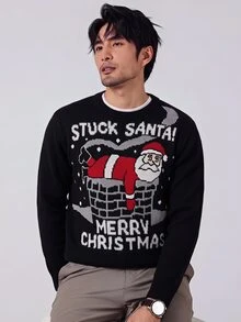 Manfinity Homme Christmas Men's Round Neck Lazy Long Sleeve Pullover Sweater, Warm Family Atmosphere Parent-Child Couple Outfit - Black - View 6