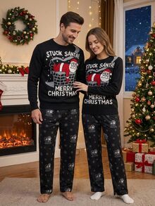 Manfinity Homme Christmas Men's Round Neck Lazy Long Sleeve Pullover Sweater, Warm Family Atmosphere Parent-Child Couple Outfit - Black - View 1