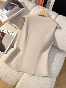 GlowEve 1pc Women's Sleeveless Solid Button Front Elegant Blouse, Summer - Apricot - View 2