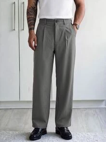 HUEFORM Men's Solid Color Straight Leg Loose Pleated Casual Pants With Belt Loops For Ceremony, Formal - Dark Grey - View 3