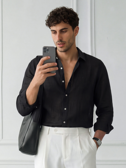 HUEFORM Men's Solid Color Single-Breasted Casual Linen Long Sleeve Shirt, Men Knitted Button Up Black Dress Shirt Ceremony, Formal