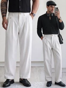 HUEFORM Men Solid Color Pleated Pocket Loose Casual Pants For Ceremony, Formal - White - View 1