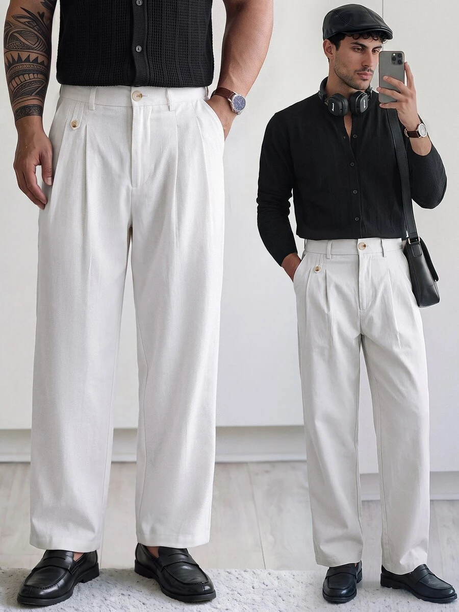 HUEFORM Men Solid Color Pleated Pocket Loose Casual Pants For Ceremony, Formal - White - View 1