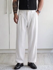 HUEFORM Men Solid Color Pleated Pocket Loose Casual Pants For Ceremony, Formal - White - View 5