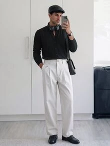 HUEFORM Men Solid Color Pleated Pocket Loose Casual Pants For Ceremony, Formal - White - View 4