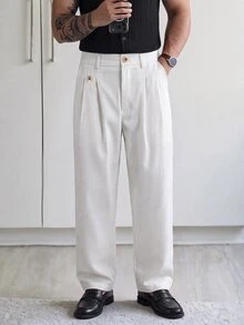 HUEFORM Men Solid Color Pleated Pocket Loose Casual Pants For Ceremony, Formal - White - View 3