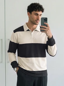 HUEFORM 男士休闲撞色纽扣半开襟长袖 Polo 衫，黑白条纹长袖衬衫，适合男士休闲长袖衬衫，适合日常休闲、周末旅行、户外活动、探险旅行、轻松的工作环境或半正式场合，也是送给男友/丈夫、周年纪念日或圣诞节的理想礼物。 - 杏色 - 查看 1