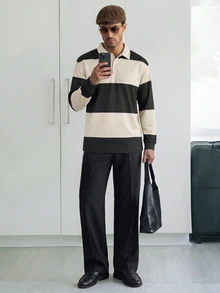 HUEFORM 男士休闲撞色纽扣半开襟长袖 Polo 衫，黑白条纹长袖衬衫，适合男士休闲长袖衬衫，适合日常休闲、周末旅行、户外活动、探险旅行、轻松的工作环境或半正式场合，也是送给男友/丈夫、周年纪念日或圣诞节的理想礼物。 - 杏色 - 查看 3