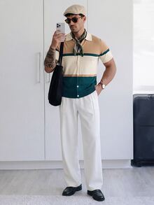 HUEFORM 男士對比色短袖單排扣休閒針織開襟衫 - 卡其色 - 查看 4