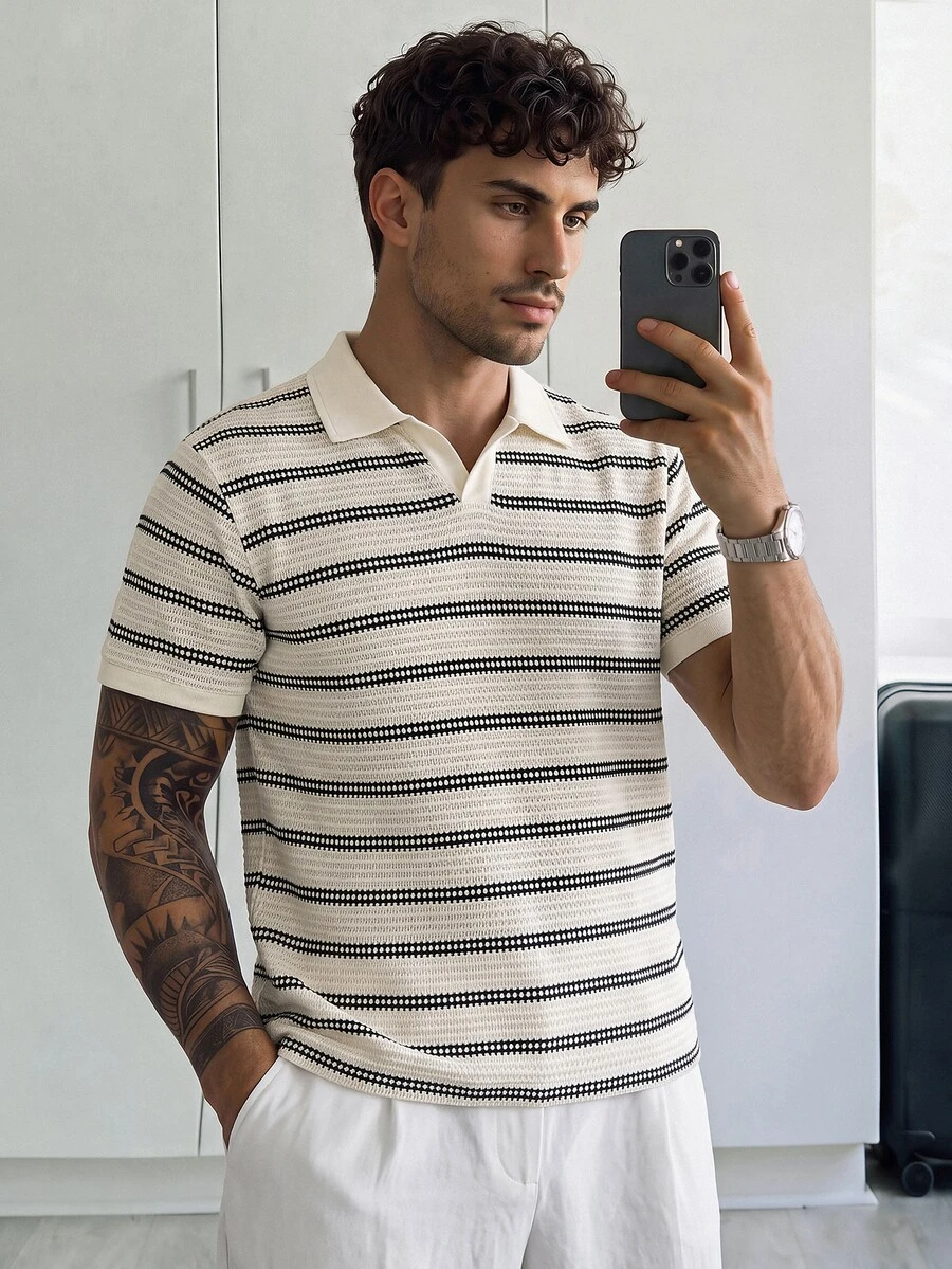 HUEFORM Men's Solid Color Knitted Half-Zip Mesh Textured Short Sleeve ...