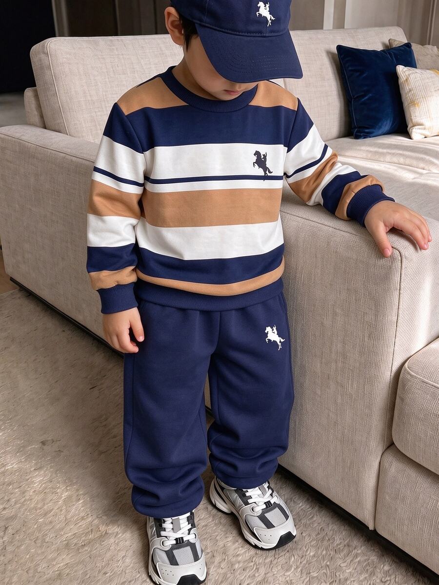 SHEIN 2pcs/Set Boys Vintage Sporty Casual Striped Crew Neck Long Sleeve Sweatshirt + Horse Print Sweatpants Set, Suitable For Daily Wear In Autumn/Winter - Multicolor - View 1