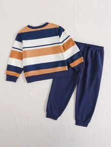 SHEIN 2pcs/Set Boys Vintage Sporty Casual Striped Crew Neck Long Sleeve Sweatshirt + Horse Print Sweatpants Set, Suitable For Daily Wear In Autumn/Winter - Multicolor - View 2