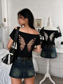 Collagica Collagica Women's Off-Shoulder Short Sleeve Butterfly Shaped Hollow Out Fashion Summer T-Shirt - Black - View 3