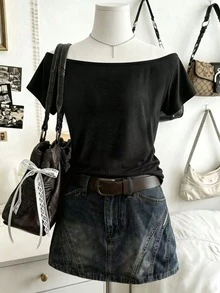 Collagica Collagica Women's Off-Shoulder Short Sleeve Butterfly Shaped Hollow Out Fashion Summer T-Shirt - Black - View 2