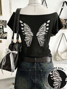 Collagica Collagica Women's Off-Shoulder Short Sleeve Butterfly Shaped Hollow Out Fashion Summer T-Shirt - Black - View 5