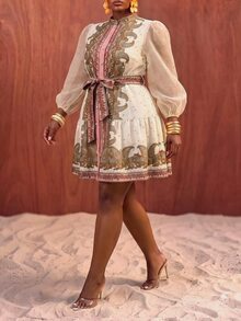 Zivah 2026秋季大尺碼女款波希米亞風1920年代優雅白色透視泡泡袖長款拼接下擺蝴蝶結洋裝，適合約會之夜與早晨派對 - 彩色 - 查看 3