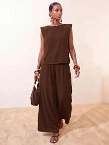 Zivah Shoulder Pad Tank Top Belted Wide Leg Pants Office Dark Brown Summer Elegant - Brown - View 10