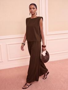 Zivah Shoulder Pad Tank Top Belted Wide Leg Pants Office Dark Brown Summer Elegant - Brown - View 7