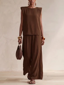 Zivah Shoulder Pad Tank Top Belted Wide Leg Pants Office Dark Brown Summer Elegant - Brown - View 6