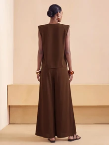 Zivah Shoulder Pad Tank Top Belted Wide Leg Pants Office Dark Brown Summer Elegant - Brown - View 2
