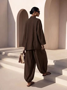 Zivah New Fall/Winter Women's Brown Chinese-Style Top + Lantern Pants 2pcs/Vacation/Elegant/Holiday/Party/Festival/Boho/Concert/Office/Commuting - Brown - View 3