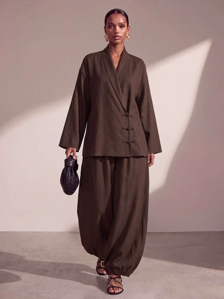 Zivah New Fall/Winter Women's Brown Chinese-Style Top + Lantern Pants 2pcs/Vacation/Elegant/Holiday/Party/Festival/Boho/Concert/Office/Commuting