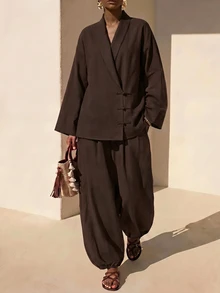 Zivah New Fall/Winter Women's Brown Chinese-Style Top + Lantern Pants 2pcs/Vacation/Elegant/Holiday/Party/Festival/Boho/Concert/Office/Commuting - Brown - View 10