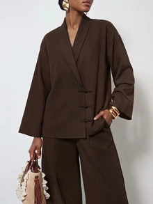 Zivah New Fall/Winter Women's Brown Chinese-Style Top + Lantern Pants 2pcs/Vacation/Elegant/Holiday/Party/Festival/Boho/Concert/Office/Commuting - Brown - View 5
