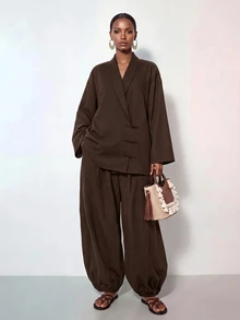 Zivah New Fall/Winter Women's Brown Chinese-Style Top + Lantern Pants 2pcs/Vacation/Elegant/Holiday/Party/Festival/Boho/Concert/Office/Commuting - Brown - View 9