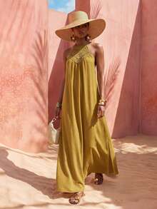 Zivah Mustard Yellow Summer Boho Women Long Dress,Loose Fit Lace Trim Side Slit Casual Vacation Holiday,Garden Party Beachwear,Music Festival Travel Outfits - Mustard Yellow - View 7