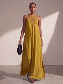 Zivah Mustard Yellow Summer Boho Women Long Dress,Loose Fit Lace Trim Side Slit Casual Vacation Holiday,Garden Party Beachwear,Music Festival Travel Outfits - Mustard Yellow - View 2