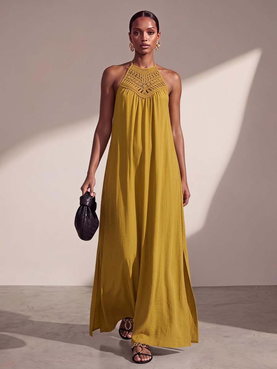 Zivah Mustard Yellow Summer Boho Women Long Dress,Loose Fit Lace Trim Side Slit Casual Vacation Holiday,Garden Party Beachwear,Music Festival Travel Outfits