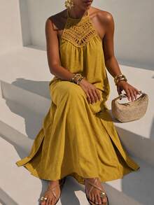 Zivah Mustard Yellow Summer Boho Women Long Dress,Loose Fit Lace Trim Side Slit Casual Vacation Holiday,Garden Party Beachwear,Music Festival Travel Outfits - Mustard Yellow - View 6