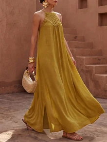 Zivah Mustard Yellow Summer Boho Women Long Dress,Loose Fit Lace Trim Side Slit Casual Vacation Holiday,Garden Party Beachwear,Music Festival Travel Outfits - Mustard Yellow - View 8
