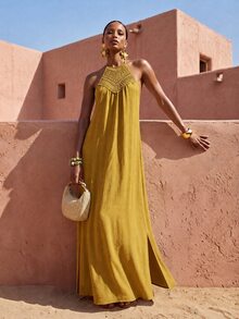 Zivah Mustard Yellow Summer Boho Women Long Dress,Loose Fit Lace Trim Side Slit Casual Vacation Holiday,Garden Party Beachwear,Music Festival Travel Outfits - Mustard Yellow - View 9
